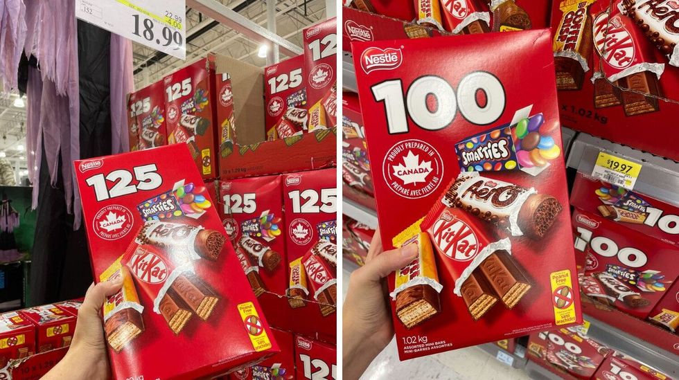 \u200bCoffee Crisp, KitKat, Aero and Smarties box at Costco. Right: Box of Coffee Crisp, KitKat, Aero and Smarties at Walmart.