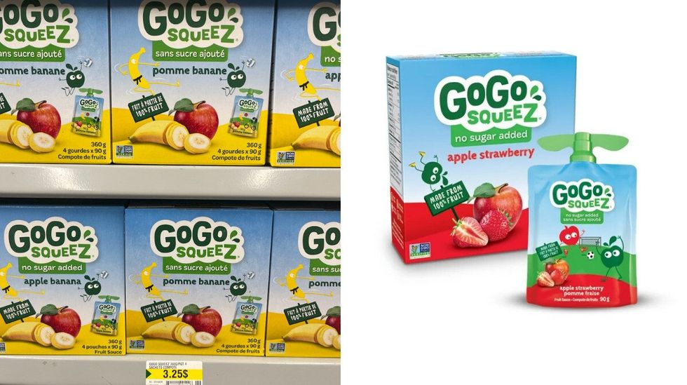 \u200bCompotes Gogo squeeZ au Dollarama. Droite : \u200bCompotes Gogo squeeZ au Walmart.