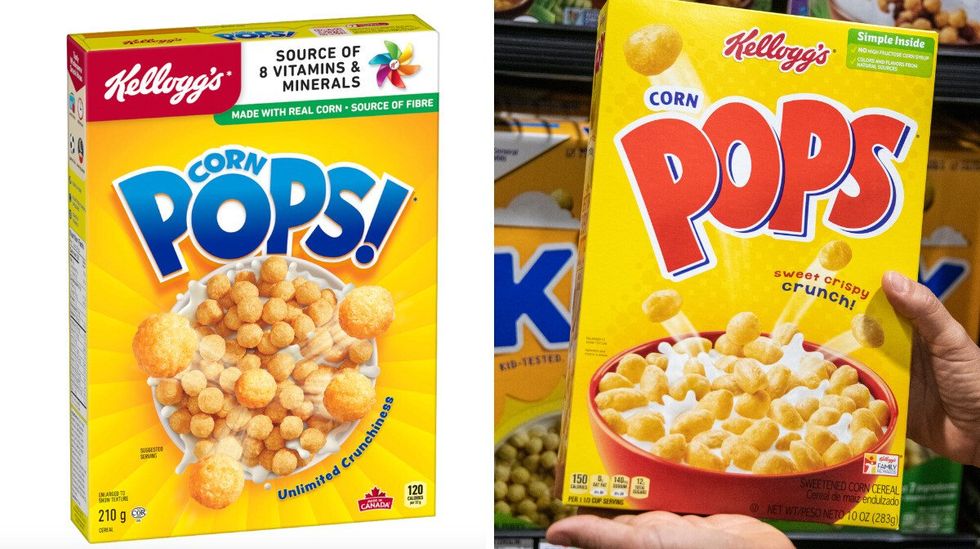 \u200bCorn Pops cereal in Canada. Right: Corn Pops cereal in the U.S.