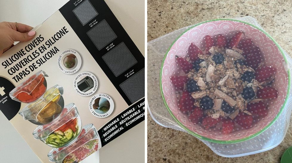 \u200bCouvercles en silicone du Dollarama dans leur emballage. Droite : Bol recouvert d'un couvercle de silicone qui d\u00e9colle sur les c\u00f4t\u00e9s.