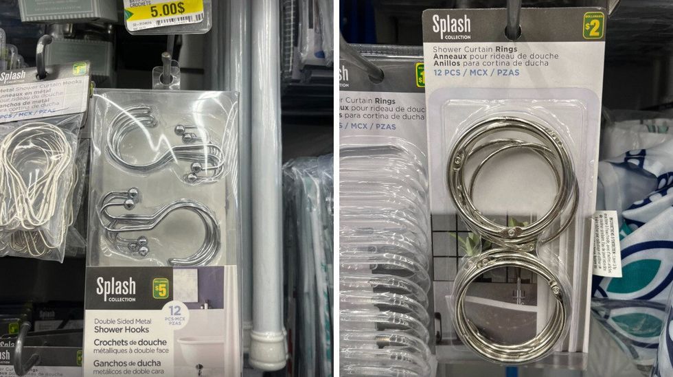 \u200bCrochets de douche vendus au Dollarama. Droite : Anneaux pour rideau de douche en m\u00e9tal vendus au Dollarama.