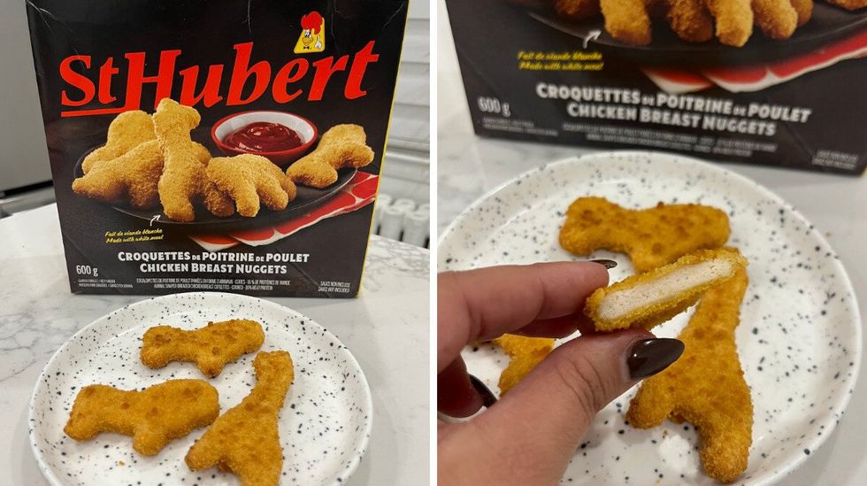 \u200bCroquettes de poulet St-Hubert. Droite : Int\u00e9rieur de la croquette coup\u00e9e en deux.
