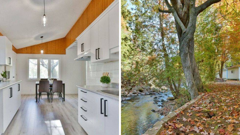 \u200bCuisine et salle \u00e0 manger. Droite : Terrain au bord de la rivi\u00e8re.