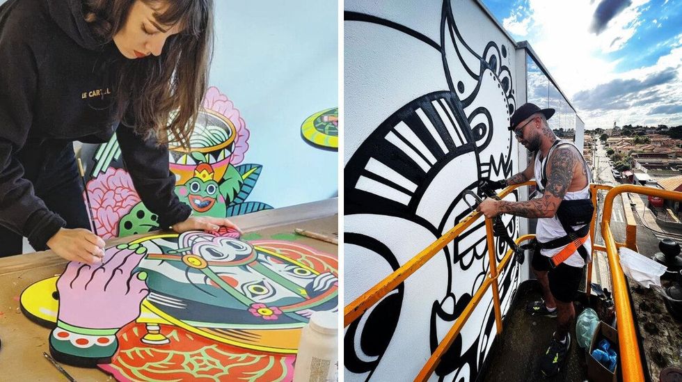 \u200bDalkhafine painting. Right: Elvis Mourao works on a mural.