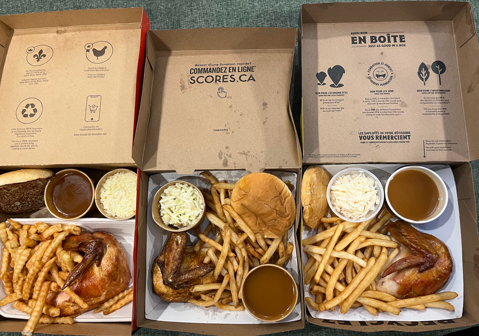 \u200bDans l'ordre de gauche \u00e0 droite : Bo\u00eete du Benny & Co., Scores et St-Hubert.