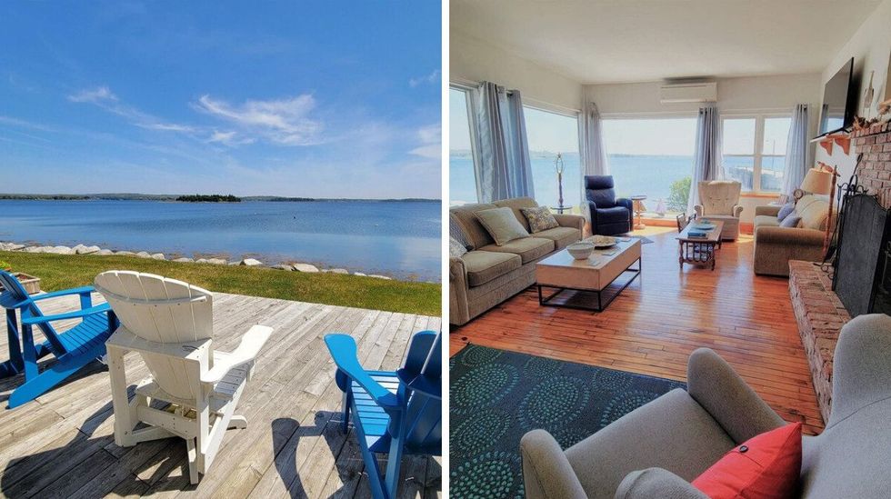\u200bDeck overlooking the ocean. Right: Living room in the house with windows to the water.