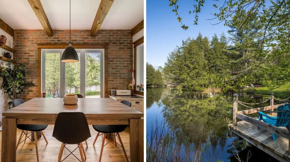 \u200bDining room in the Bromont house for sale. Right: Lake that's on the property of the house for sale.