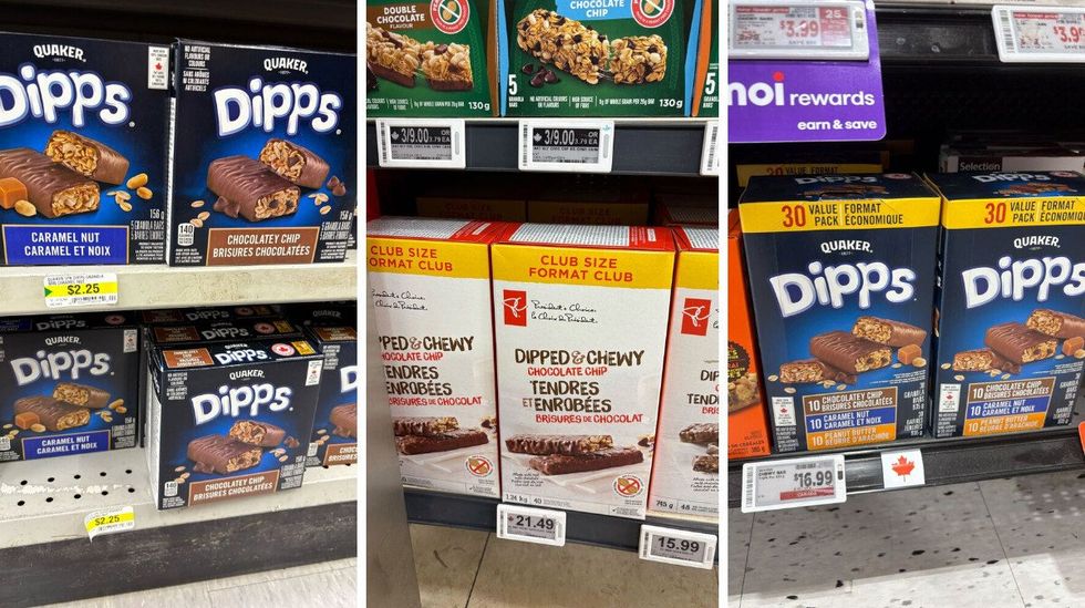 \u200bDipps granola bars at Dollarama. Centre: President's Choice chocolate-covered granola bars at Loblaws. Right: Dipps granola bars at Metro.