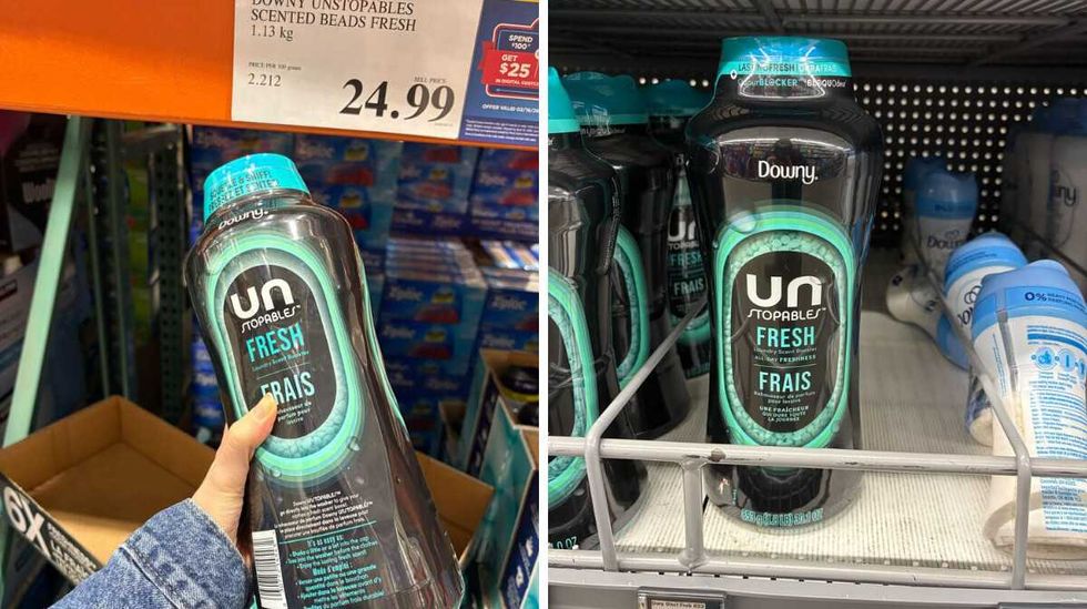 \u200bDowny Unstopables laundry beads at Costco. Right: Downy Unstopables laundry beads at Walmart.
