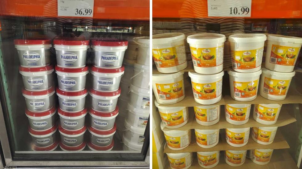 \u200bDu fromage \u00e0 la cr\u00e8me. Droite : De l'hummus.