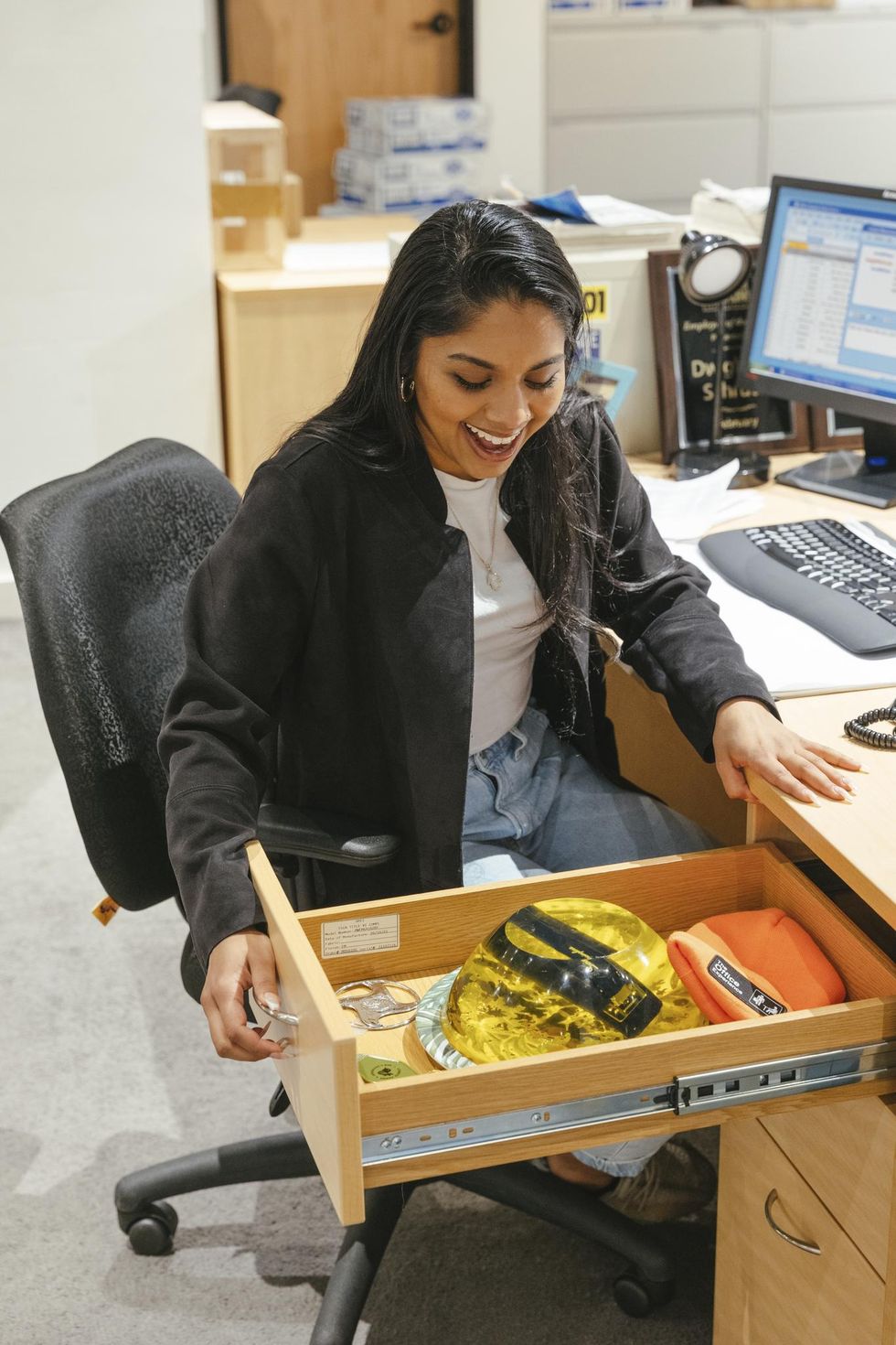 \u200bDwight's desk drawer with a stapler in jello.