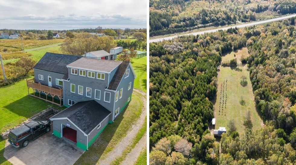 \u200bExterior of the house for sale. Right: Aerial view of the house and the acerage.
