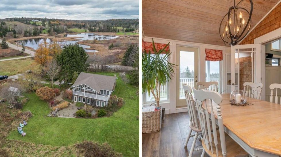 \u200bExterior of the house for sale. Right: Dining room of the house for sale.