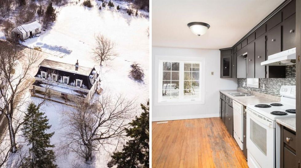 \u200bExterior of the house for sale. Right: Kitchen in the house.