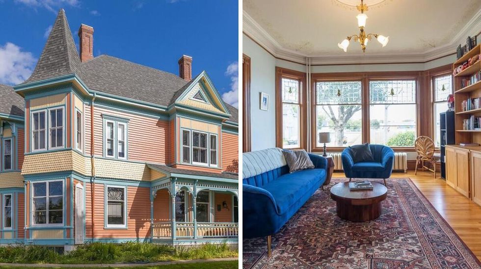 \u200bExterior of the house for sale. Right: Library in the house.