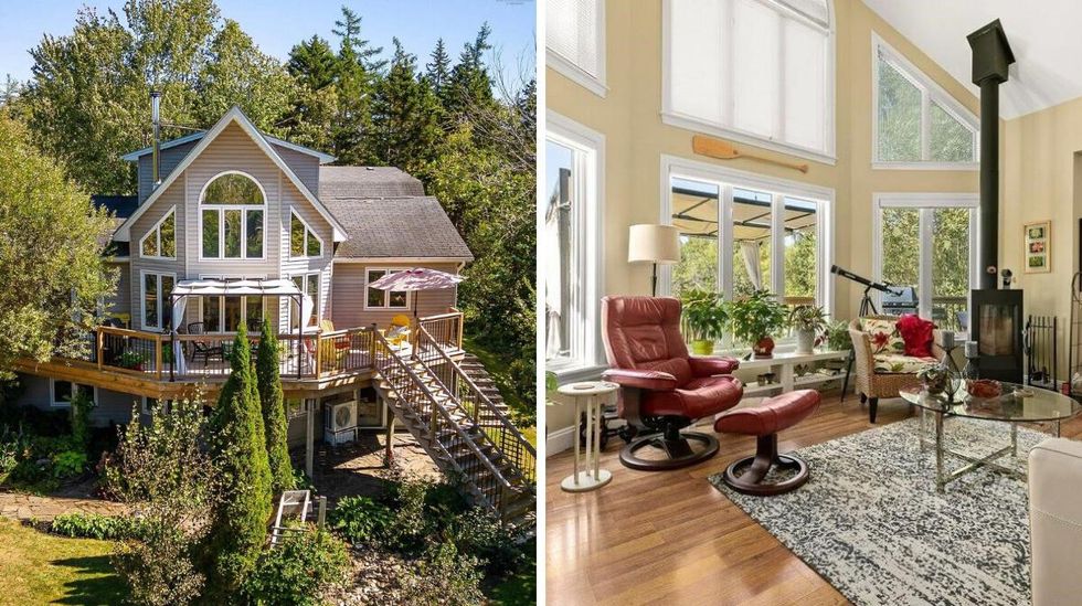 \u200bExterior of the house for sale. Right: The house's living room.