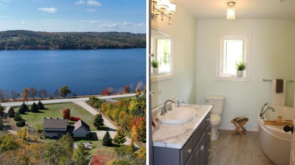 \u200bExterior of the house for sale with the lake in the background. Right: Bathroom in the house for sale.