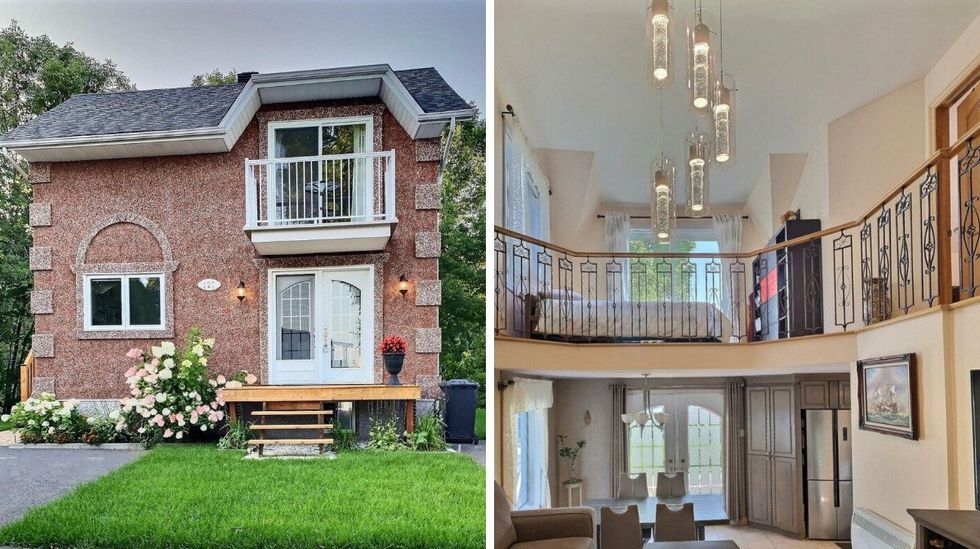 \u200bFa\u00e7ade ext\u00e9rieure. Droite : Int\u00e9rieur avec mezzanine.