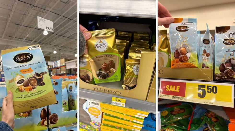 \u200bFerrero chocolate eggs at Costco. Centre: Ferrero chocolate eggs at Walmart. Right: Ferrero chocolate eggs at Loblaws.