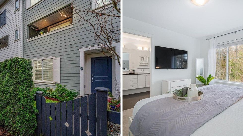 \u200bFront door and gate of the house for sale in Vancouver. Right: Bedroom with an ensuite and a window overlooking wilderness.