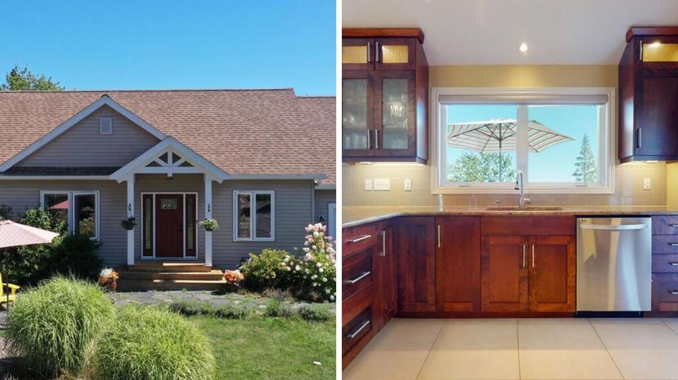 \u200bFront of the house for sale. Right: The house's kitchen.