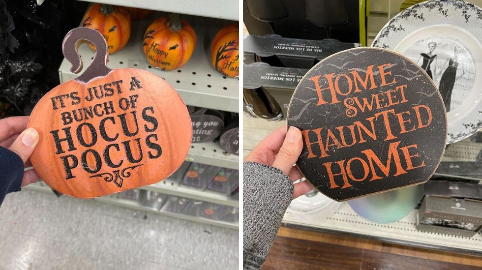 \u200bHocus Pocus sign at Dollarama. Right: Halloween sign at HomeSense.