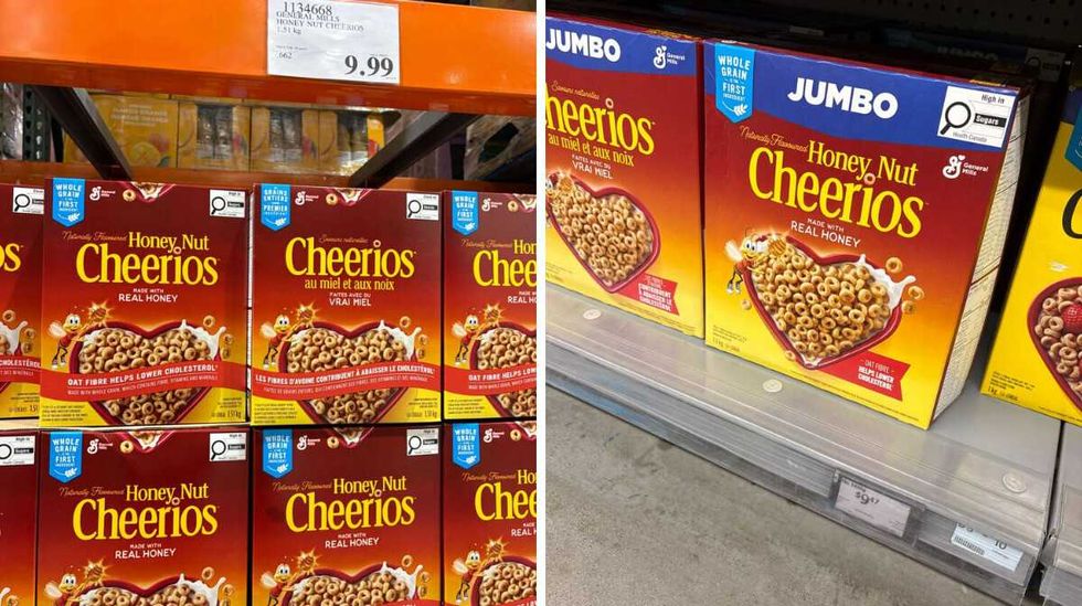 \u200bHoney Nut Cheerios at Costco. Right: Honey Nut Cheerios at Walmart.