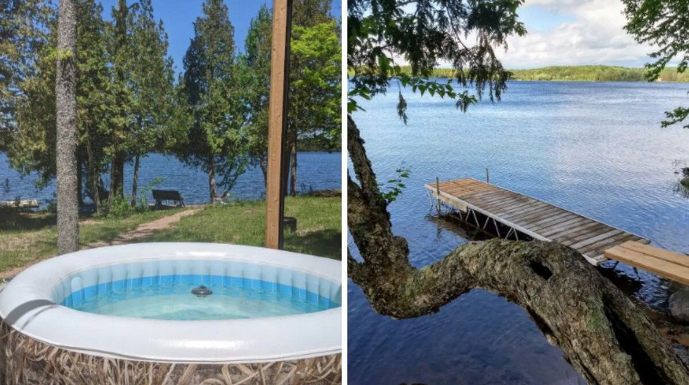 \u200bHot tub at the lakehouse. Right: Porch on the lake.