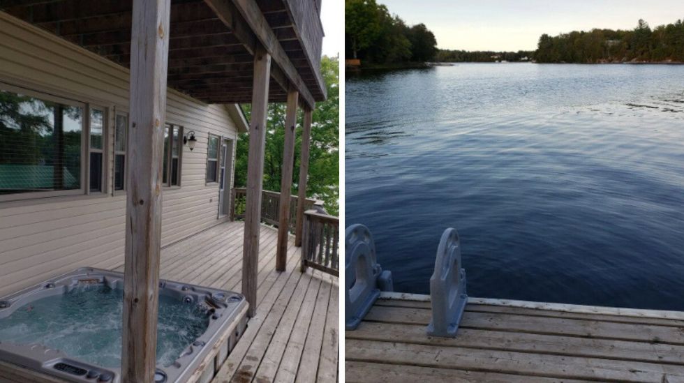 \u200bHot tub on the cottage's patio. Right: View of Sharbot lake.