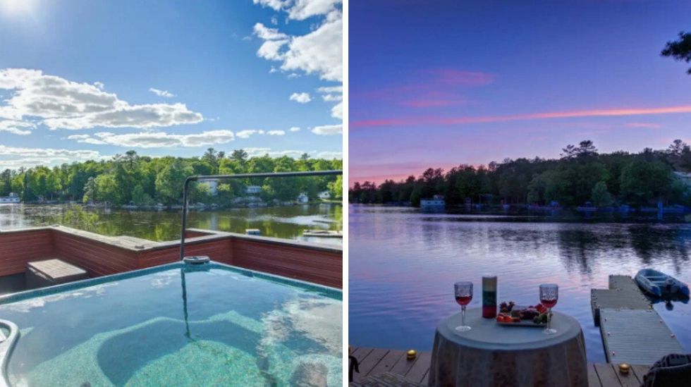\u200bHot tub seen in Buckhorn cottage. Right: Patio in Buckhorn cottage.