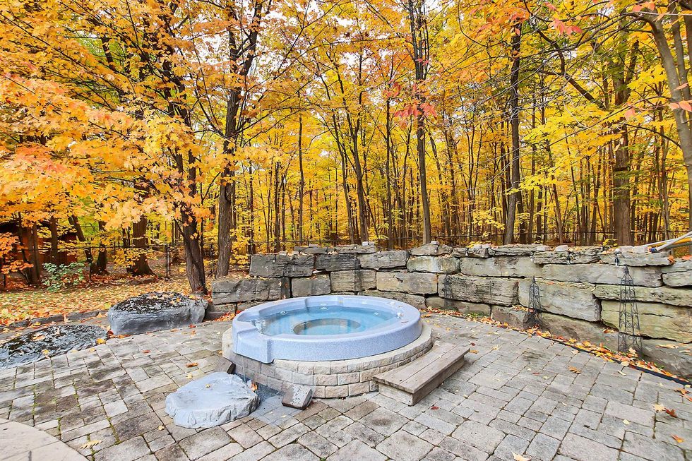 \u200bHot tub with forest in background.
