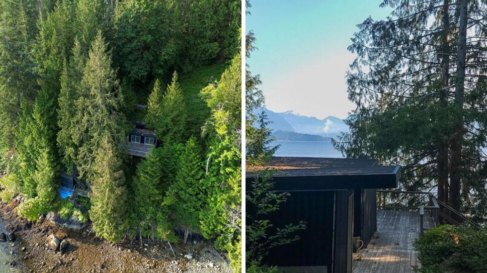 \u200bHouse for sale in B.C. on the ocean and nestled among trees. Right: View of the ocean and mountains.
