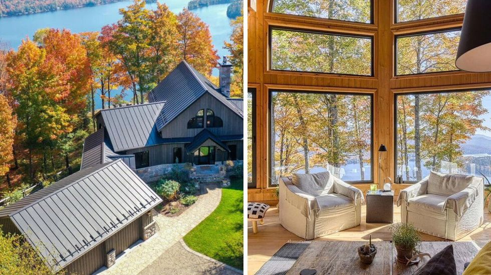 \u200bHouse for sale in Lac-Tremblant-Nord. Right: View of the fall foliage and the lake from the living room.