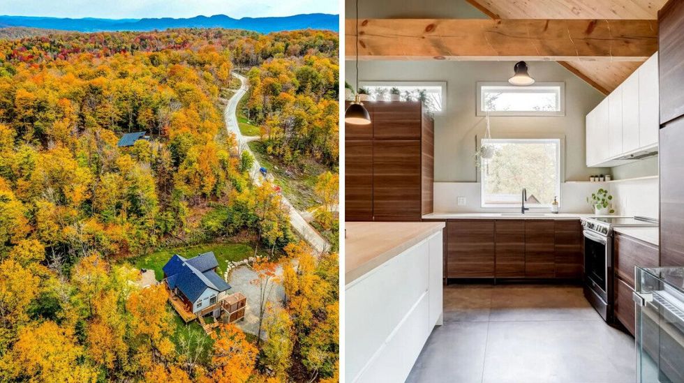 \u200bHouse for sale in Mont-Tremblant that's surrounded by trees. Right: Kitchen that overlooks the forest.