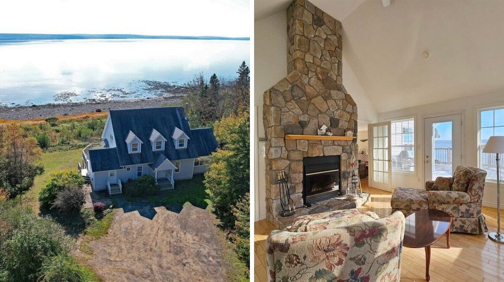 \u200bHouse for sale in Nova Scotia on the Annapolis Basin. Right: Living room in the house.