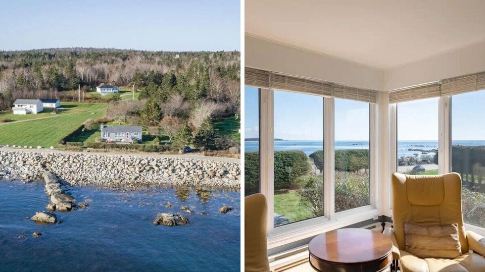 \u200bHouse for sale in Nova Scotia on the ocean. Right: Ocean view from the living room.