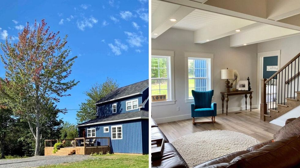 \u200bHouse for sale in Nova Scotia that's surrounded by a forest. Right: Living room in the home.
