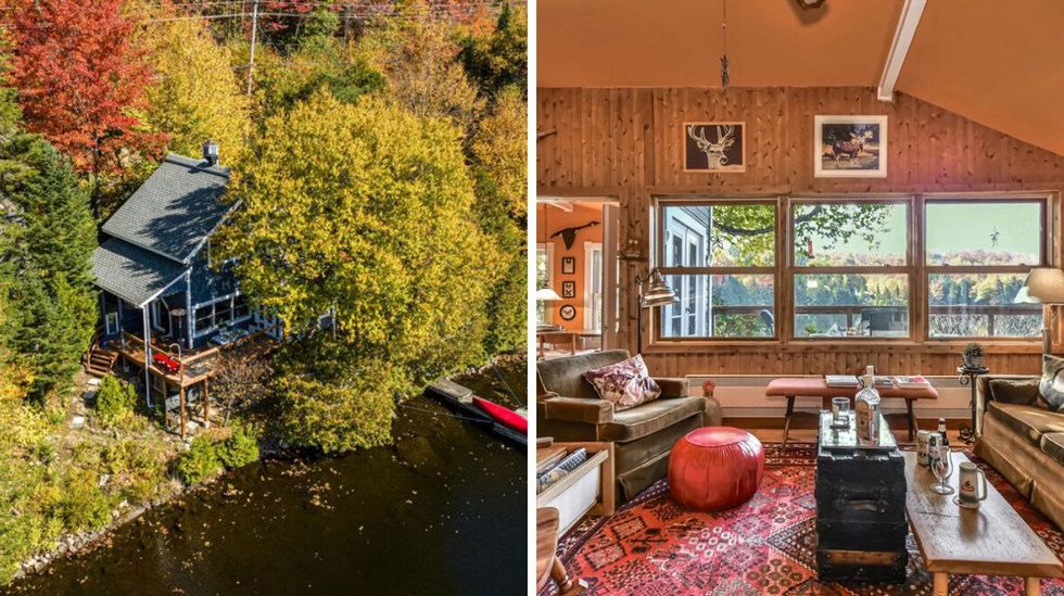 \u200bHouse for sale in Quebec that's on a lake. Right: View of trees from the living room.