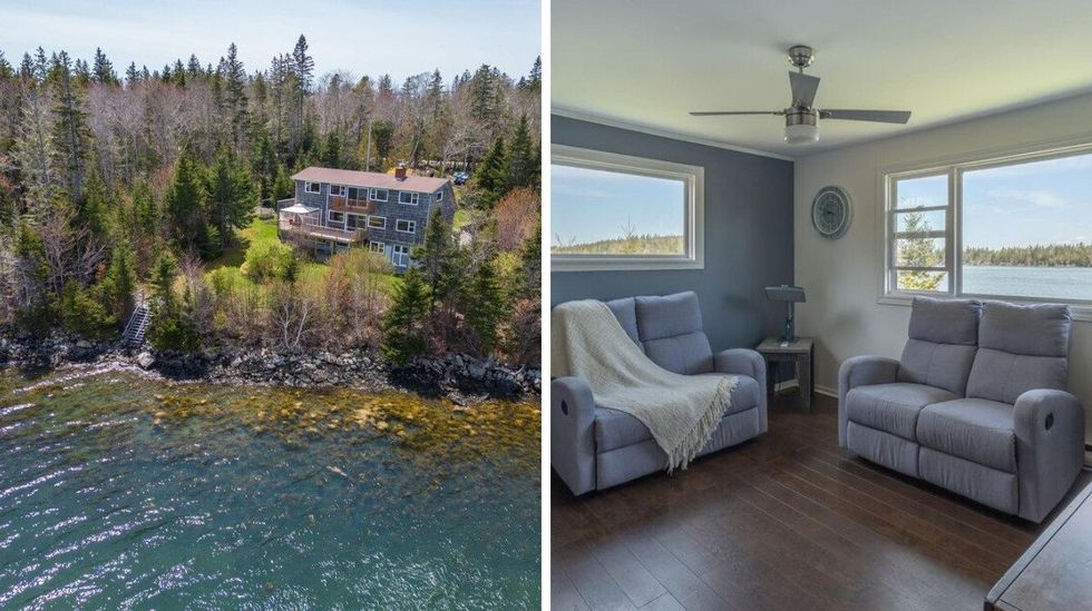 \u200bHouse for sale on the ocean. Right: Room in the house with views of the ocean.