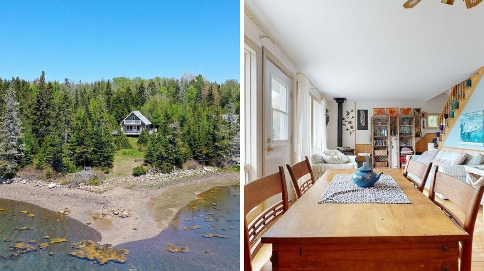 \u200bHouse for sale surrounded by trees and the beach. Right: Dining room and living in the house.
