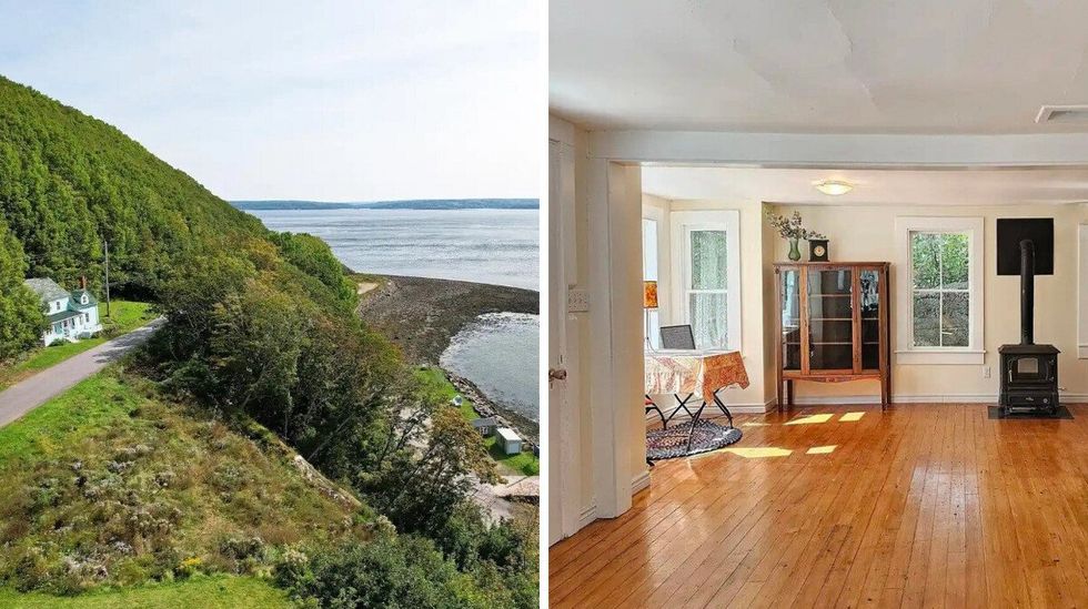 \u200bHouse on a hilltop beside the ocean. Right: Living room in the house.