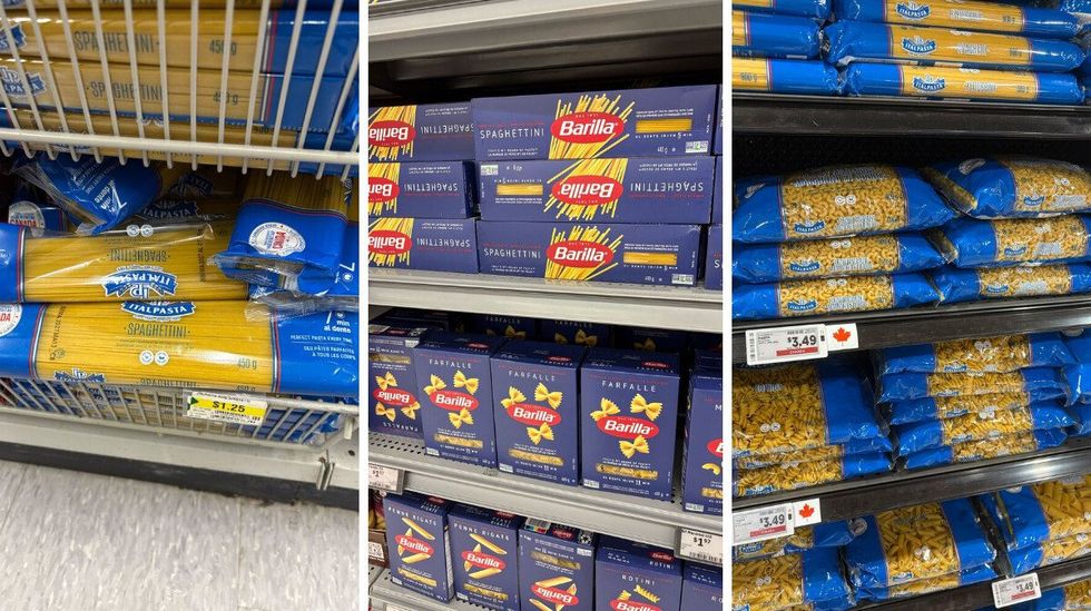 \u200bItalpasta dried pasta at Dollarama. Centre: Barilla pasta at Walmart. Right: Italpasta dried pasta at Metro.