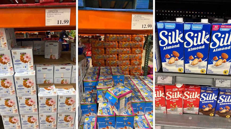 \u200bKirkland Signature almond beverage. Centre: Almond Breeze almond beverage at Costco. Right: Silk almond beverage