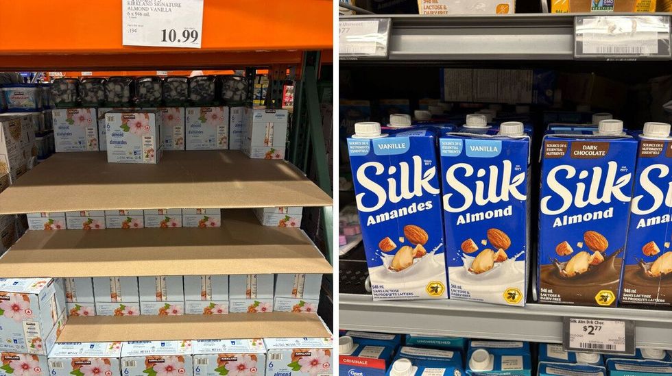 \u200bKirkland Signature almond beverage. Right: Silk almond beverage at Walmart