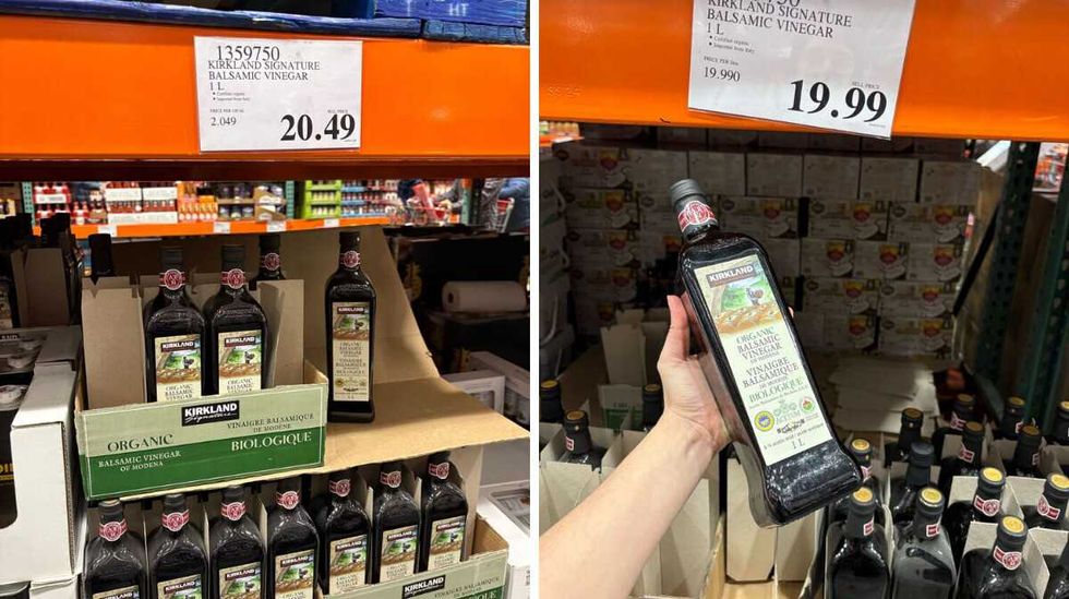 \u200bKirkland Signature balsamic vinegar. Right: person holding bottle of Kirkland Signature balsamic vinegar in 2025.