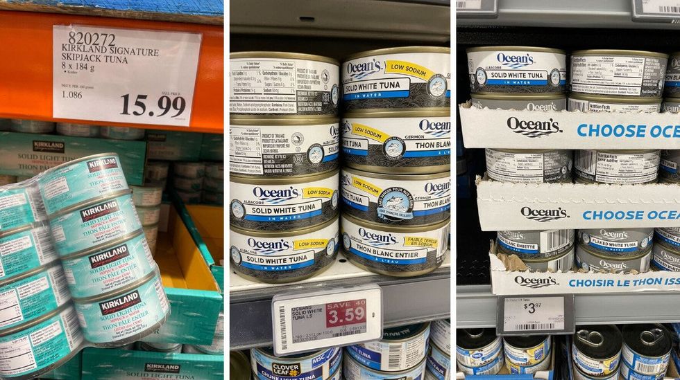 \u200bKirkland Signature canned tuna. Centre: Ocean's tuna at Fortinos. Right: Ocean's tuna at Walmart.