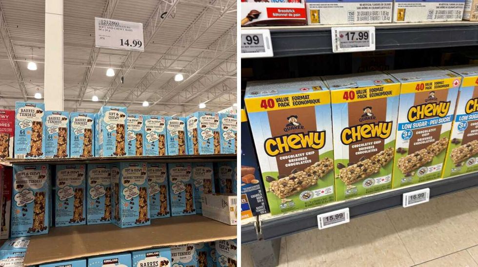 \u200bKirkland Signature chocolate chip granola bars at Costco. Right: Quaker Chewy chocolate chip granola bars at Loblaws.
