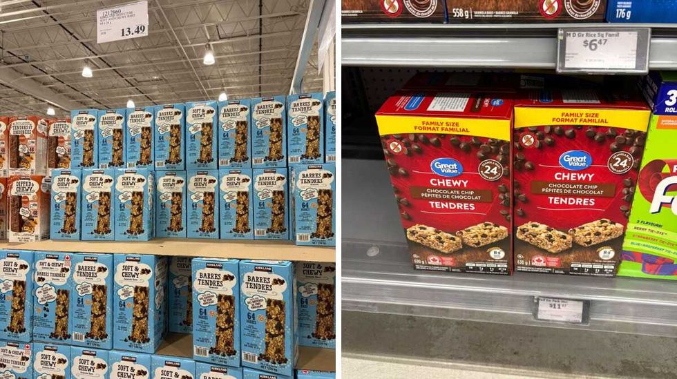 \u200bKirkland Signature chocolate chip granola bars. Right: Great Value chocolate chip granola bars at Walmart.