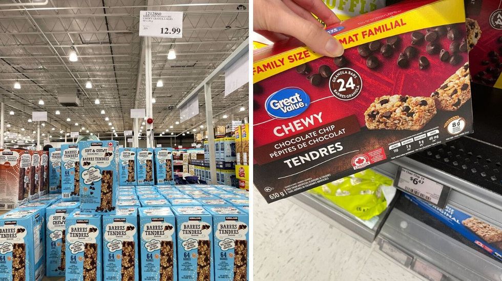\u200bKirkland Signature chocolate chip granola bars. Right: person holding box of Great Value chocolate chip granola bars.