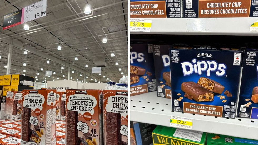 \u200bKirkland Signature chocolate-covered granola bars. Right: Quaker Dipps chocolate-covered granola bars at Dollarama.